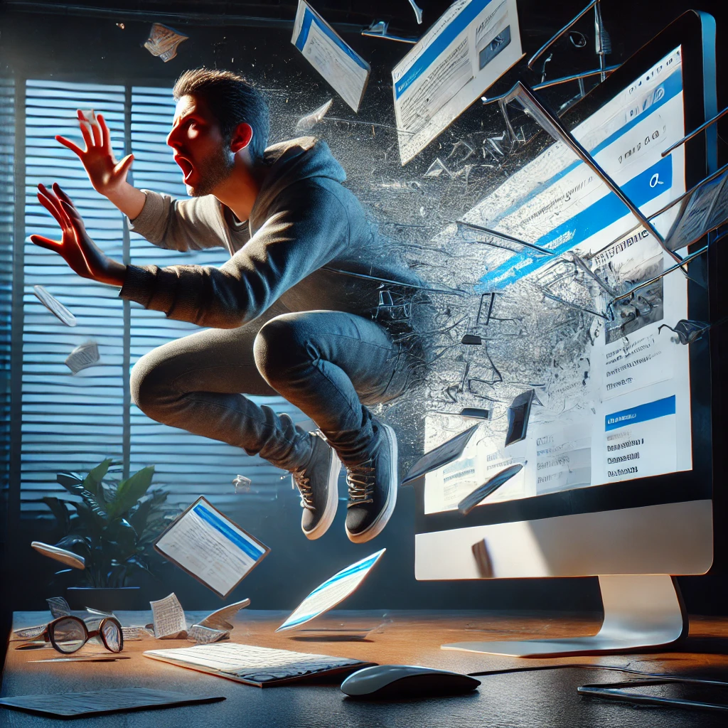 70% dos usuários abandonam sites com má experiência. O que fazer? 1 DALL·E 2025 03 14 11.06.39 A highly realistic image of a frustrated user literally jumping out of a computer screen escaping from a poorly designed website. The scene captures