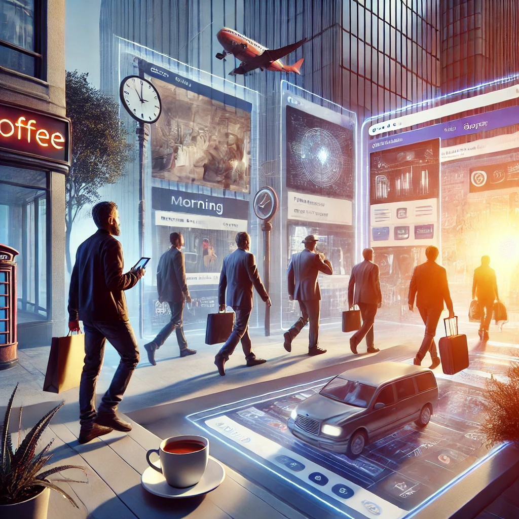 Seu usuário assinaria seu SaaS ou fugiria antes do trial? 3 DALL·E 2025 03 19 15.34.39 A highly realistic image depicting a user going through their daily journey seamlessly transitioning through different environments. The scene shows