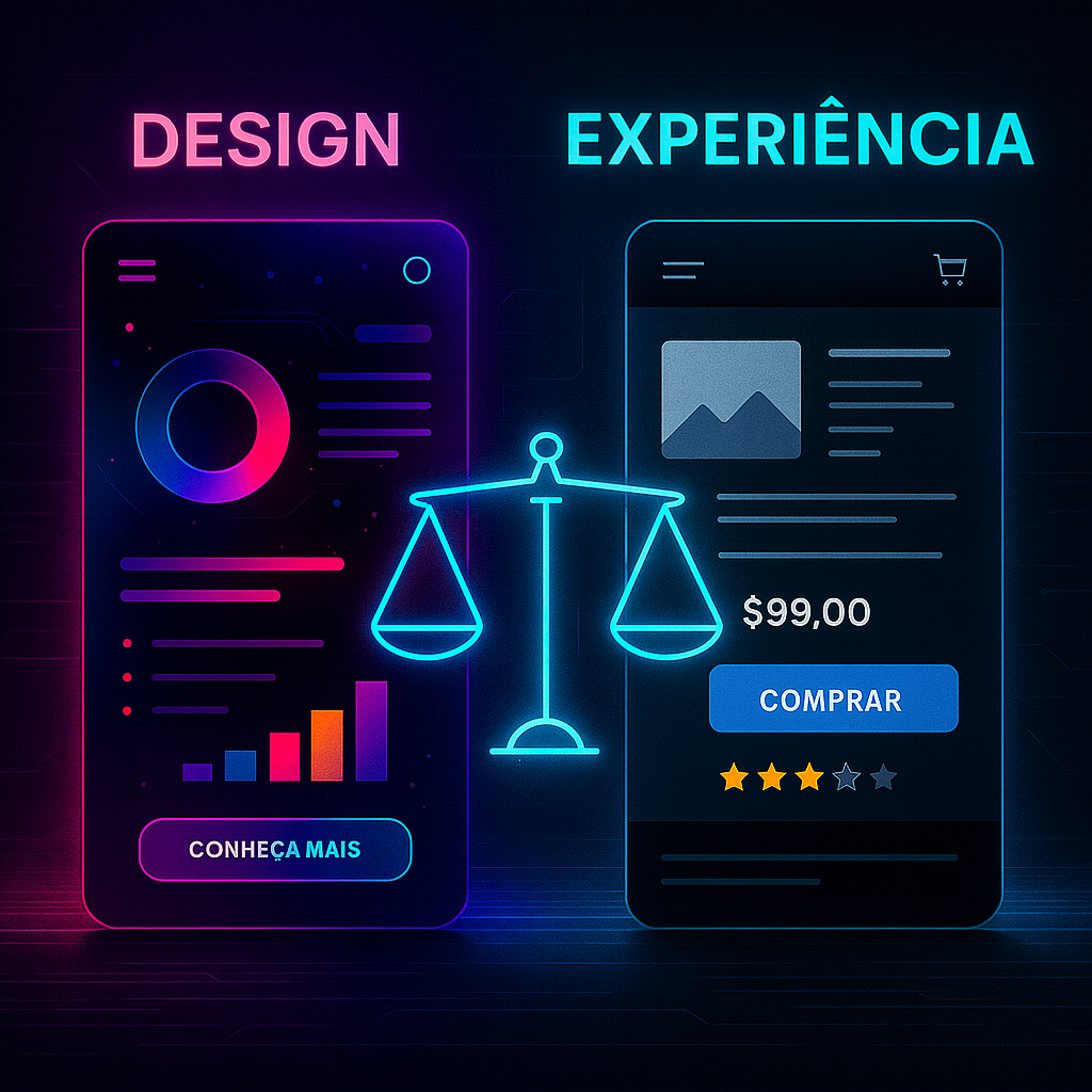 Duas interfaces lado a lado. À esquerda, um design visualmente bonito, cheio de efeitos, mas confuso e travado. À direita, uma interface simples, limpa e funcional, com fluxo claro e resultados visíveis. O fundo representa uma balança simbólica entre beleza e eficiência. Estilo cyberpunk ultra realista, com contraste alto e cores neon sobre preto.