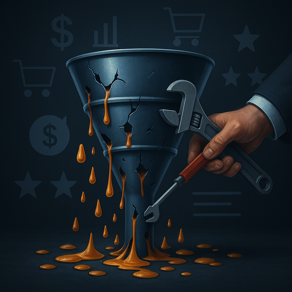 Imagem ultra realista de um funil de vendas digital com buracos e vazamentos visíveis, onde leads estão literalmente escorrendo para fora. Ao lado, uma mão com ferramentas (representando UX) fazendo reparos. O fundo traz ícones de vendas, carrinhos abandonados, estrelas de avaliação. Tom dramático e corporativo.